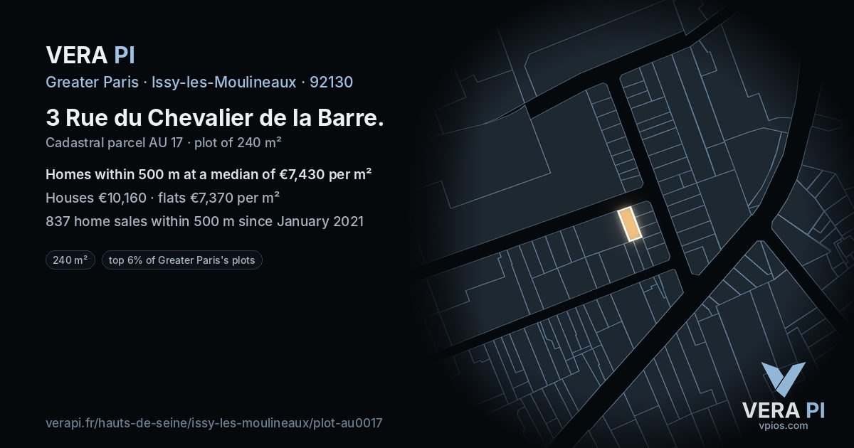 3 Rue du Chevalier de la Barre, Issy-les-Moulineaux at night – the plot lit, the parcels around coloured by the prices near them