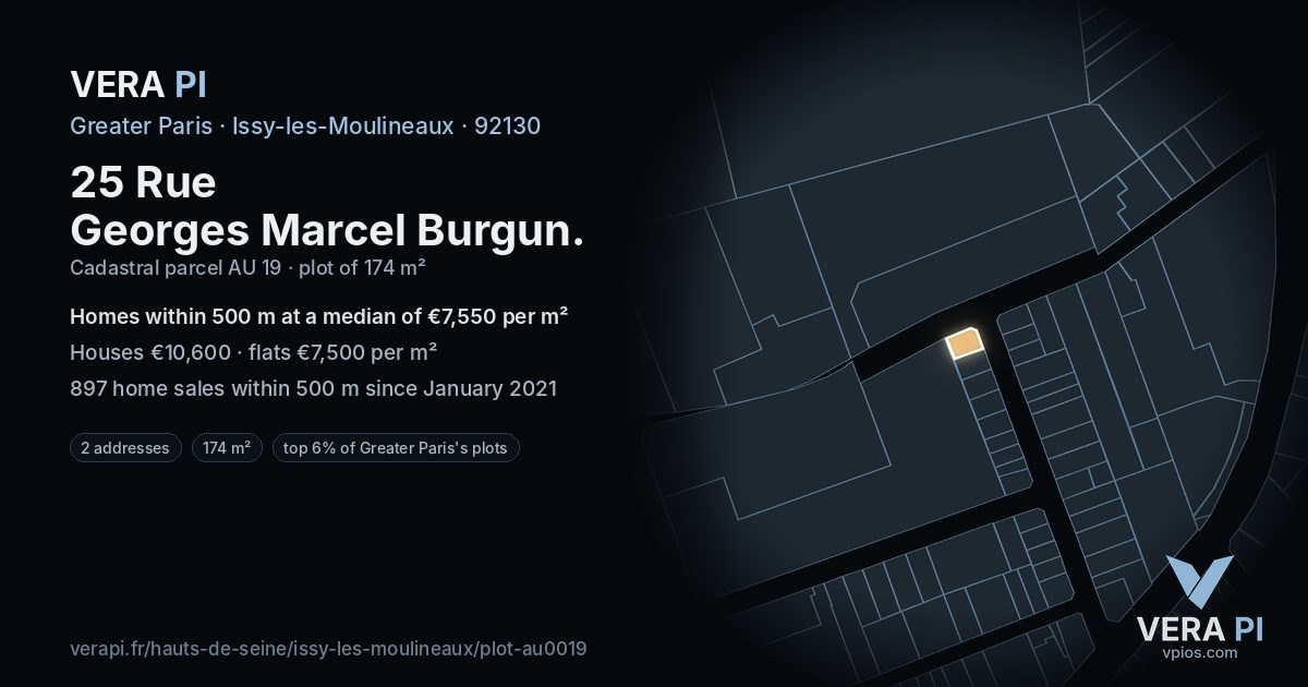 25 Rue Georges Marcel Burgun, Issy-les-Moulineaux at night – the plot lit, the parcels around coloured by the prices near them