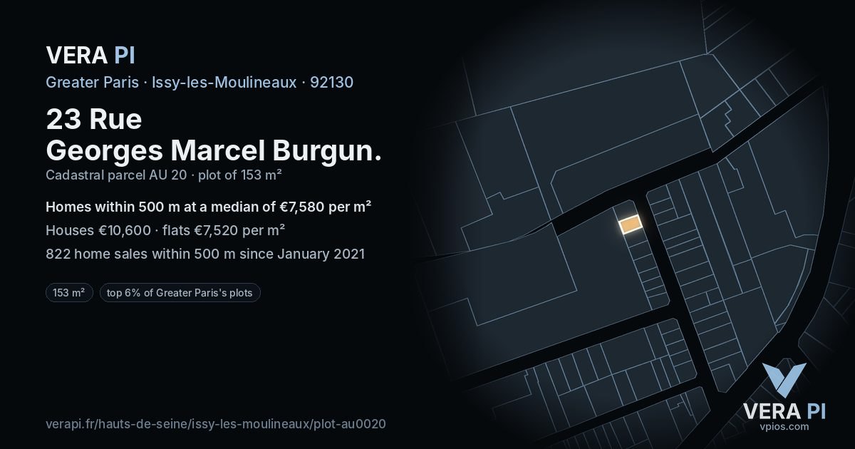 23 Rue Georges Marcel Burgun, Issy-les-Moulineaux at night – the plot lit, the parcels around coloured by the prices near them