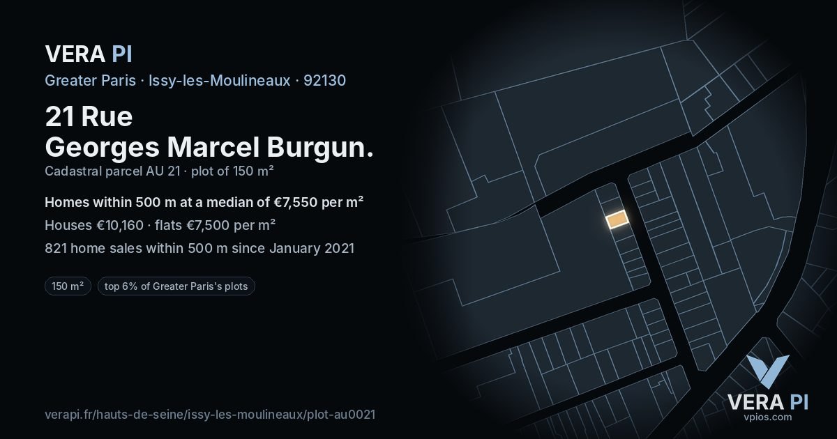 21 Rue Georges Marcel Burgun, Issy-les-Moulineaux at night – the plot lit, the parcels around coloured by the prices near them