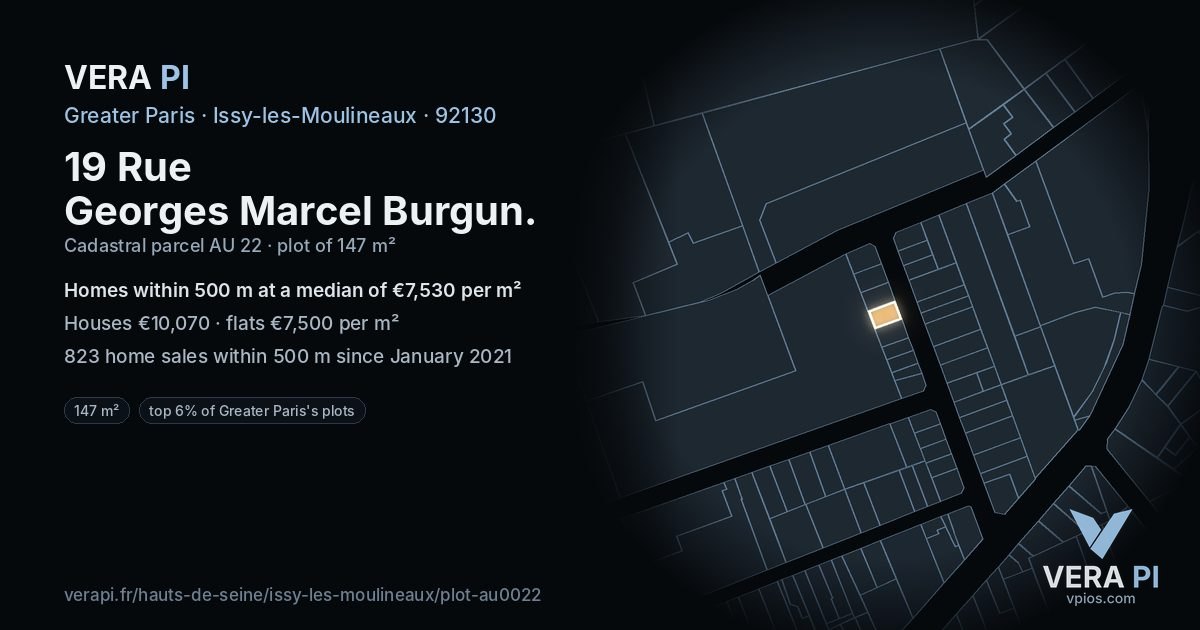 19 Rue Georges Marcel Burgun, Issy-les-Moulineaux at night – the plot lit, the parcels around coloured by the prices near them
