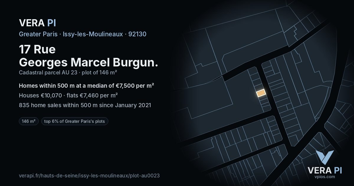 17 Rue Georges Marcel Burgun, Issy-les-Moulineaux at night – the plot lit, the parcels around coloured by the prices near them