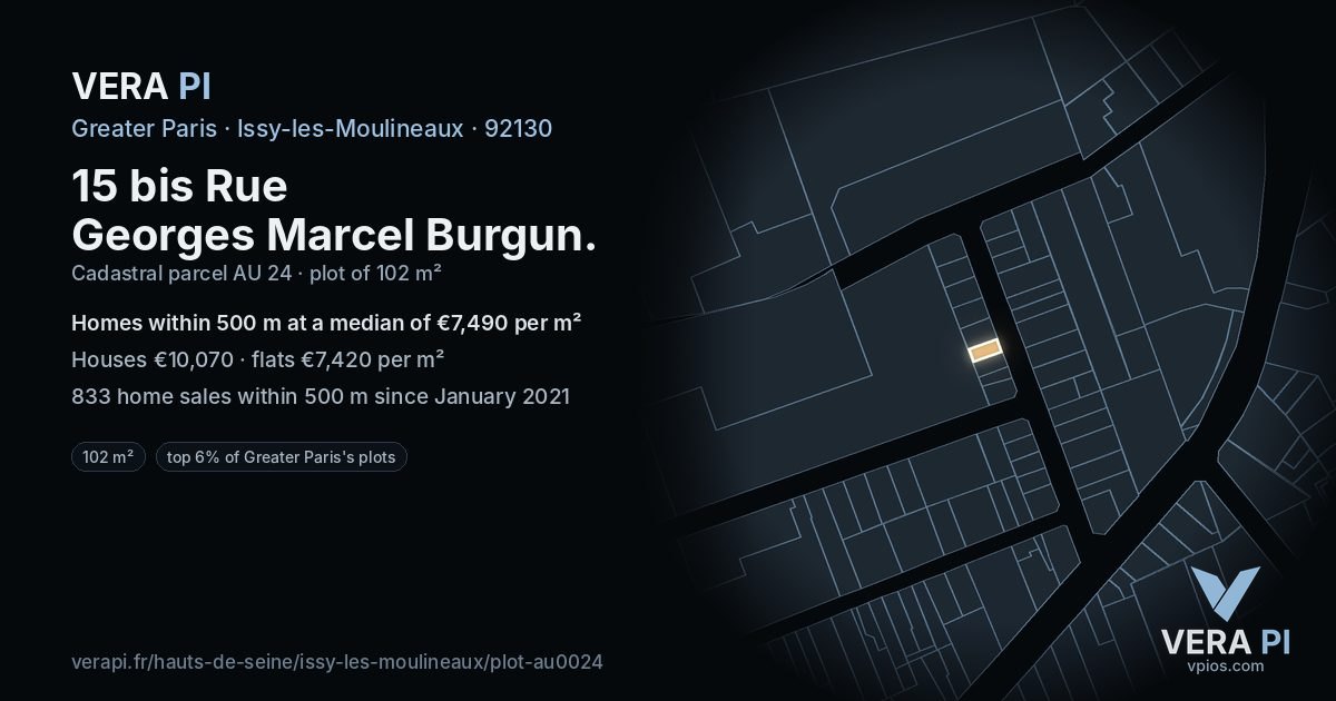 15 bis Rue Georges Marcel Burgun, Issy-les-Moulineaux at night – the plot lit, the parcels around coloured by the prices near them