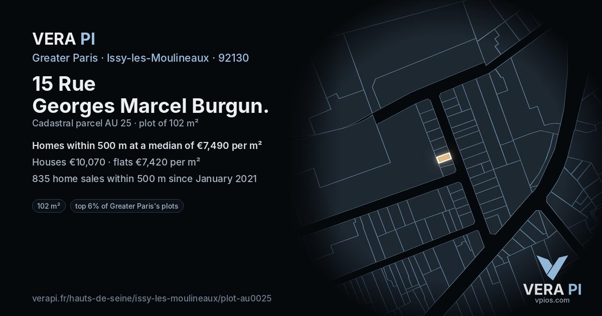 15 Rue Georges Marcel Burgun, Issy-les-Moulineaux at night – the plot lit, the parcels around coloured by the prices near them