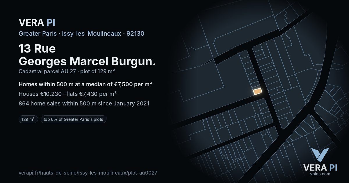 13 Rue Georges Marcel Burgun, Issy-les-Moulineaux at night – the plot lit, the parcels around coloured by the prices near them