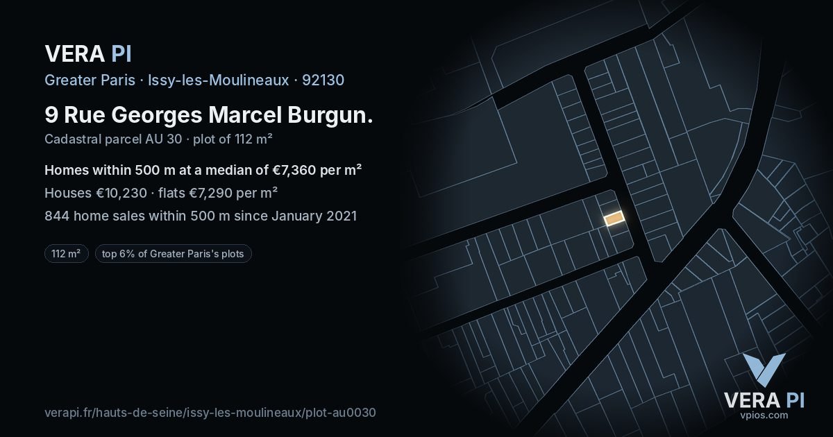 9 Rue Georges Marcel Burgun, Issy-les-Moulineaux at night – the plot lit, the parcels around coloured by the prices near them