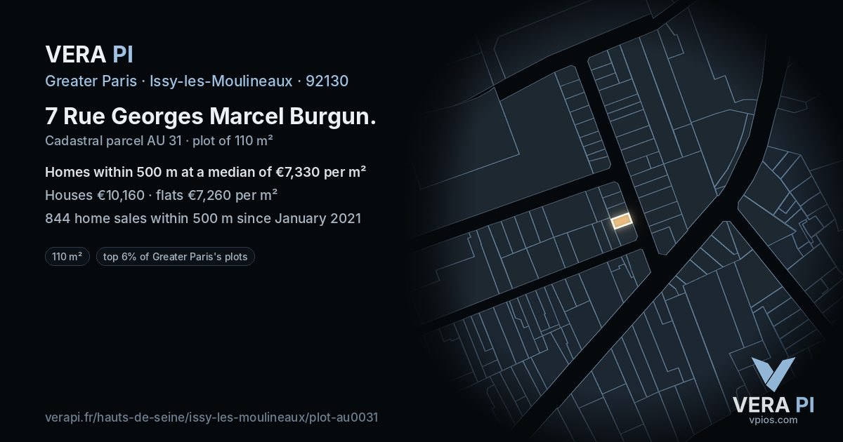 7 Rue Georges Marcel Burgun, Issy-les-Moulineaux at night – the plot lit, the parcels around coloured by the prices near them