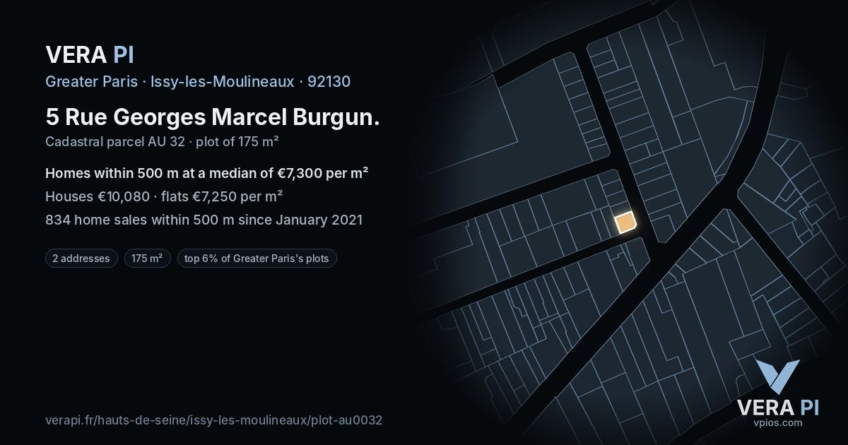 5 Rue Georges Marcel Burgun, Issy-les-Moulineaux at night – the plot lit, the parcels around coloured by the prices near them
