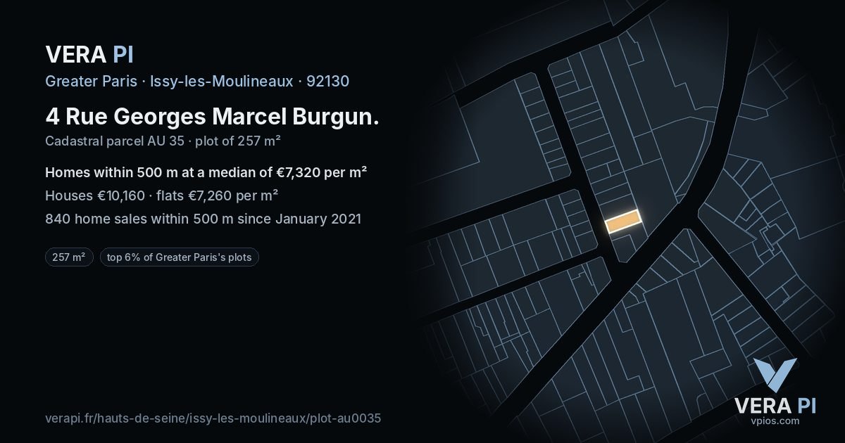 4 Rue Georges Marcel Burgun, Issy-les-Moulineaux at night – the plot lit, the parcels around coloured by the prices near them