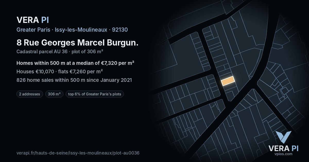 8 Rue Georges Marcel Burgun, Issy-les-Moulineaux at night – the plot lit, the parcels around coloured by the prices near them