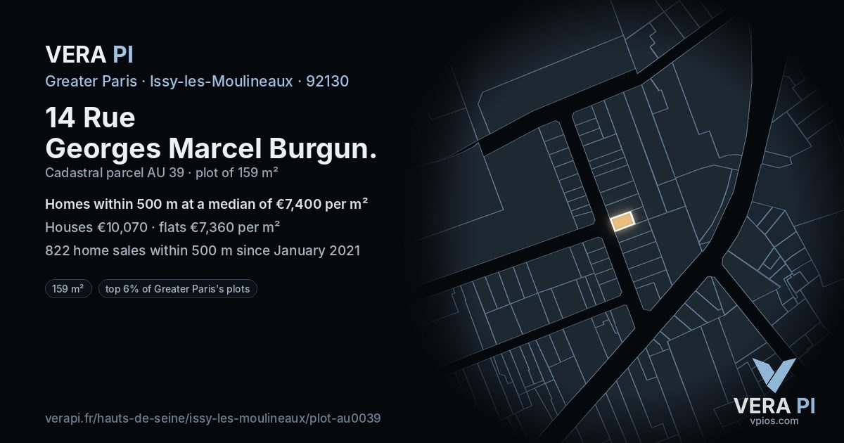 14 Rue Georges Marcel Burgun, Issy-les-Moulineaux at night – the plot lit, the parcels around coloured by the prices near them