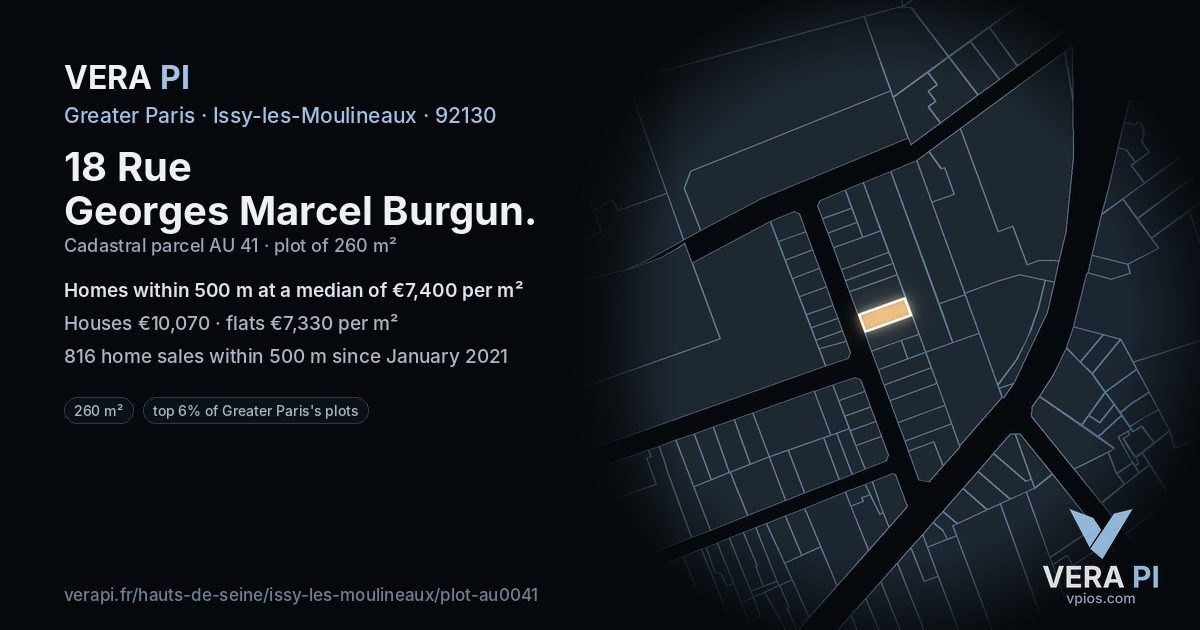 18 Rue Georges Marcel Burgun, Issy-les-Moulineaux at night – the plot lit, the parcels around coloured by the prices near them