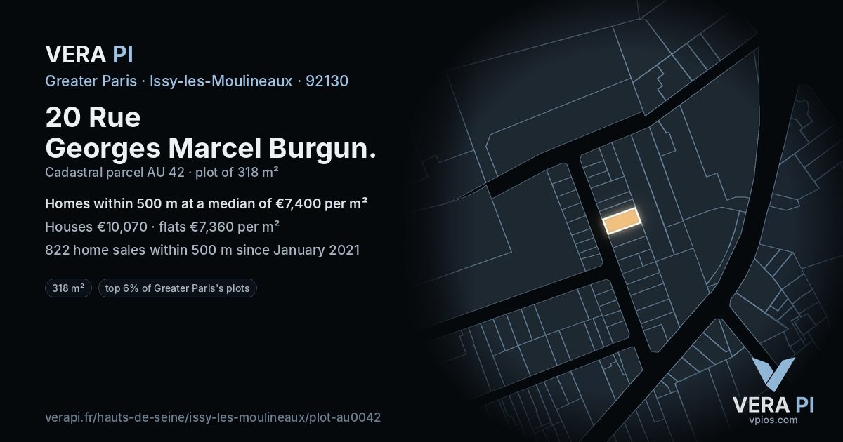 20 Rue Georges Marcel Burgun, Issy-les-Moulineaux at night – the plot lit, the parcels around coloured by the prices near them