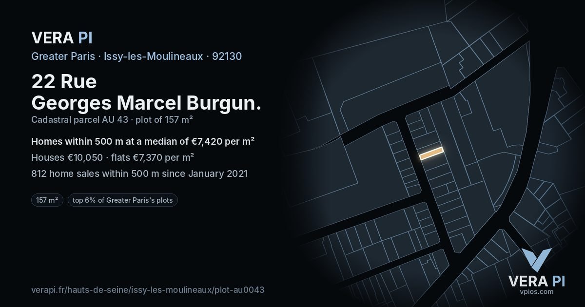 22 Rue Georges Marcel Burgun, Issy-les-Moulineaux at night – the plot lit, the parcels around coloured by the prices near them