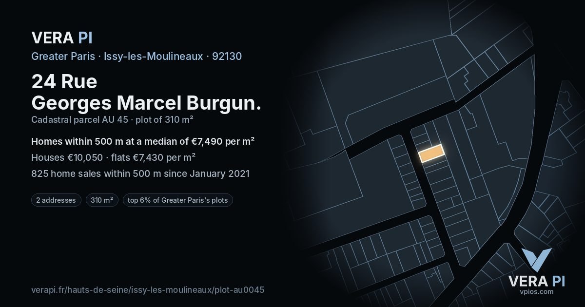 24 Rue Georges Marcel Burgun, Issy-les-Moulineaux at night – the plot lit, the parcels around coloured by the prices near them