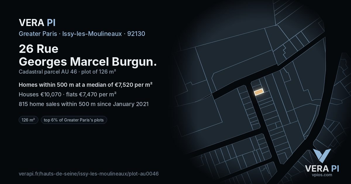 26 Rue Georges Marcel Burgun, Issy-les-Moulineaux at night – the plot lit, the parcels around coloured by the prices near them