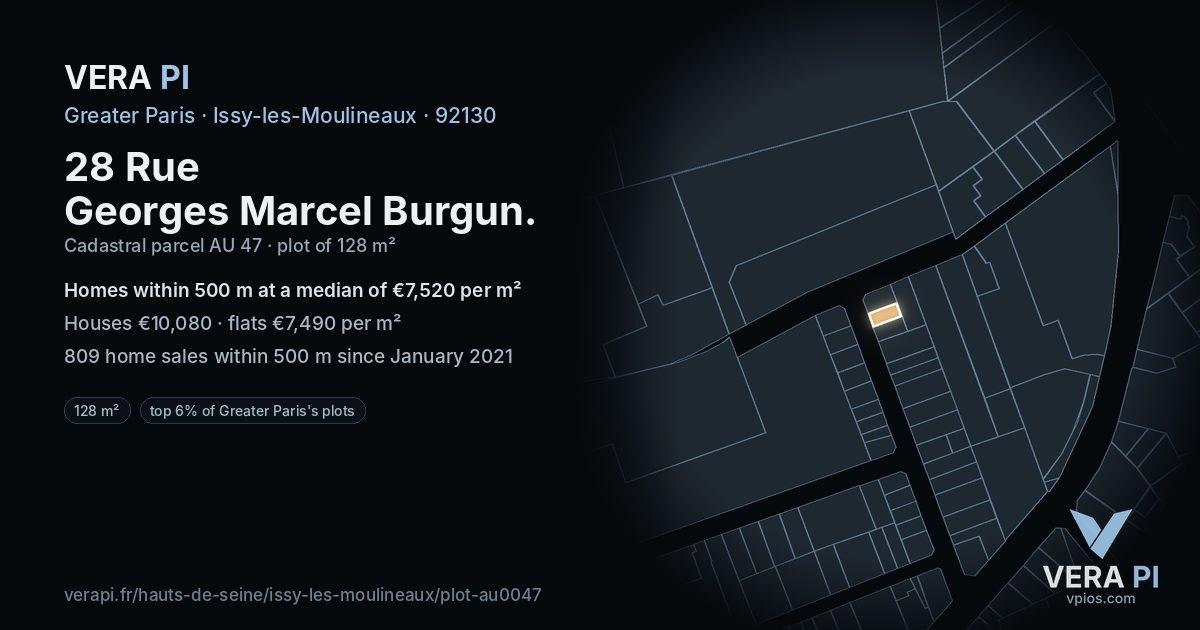 28 Rue Georges Marcel Burgun, Issy-les-Moulineaux at night – the plot lit, the parcels around coloured by the prices near them
