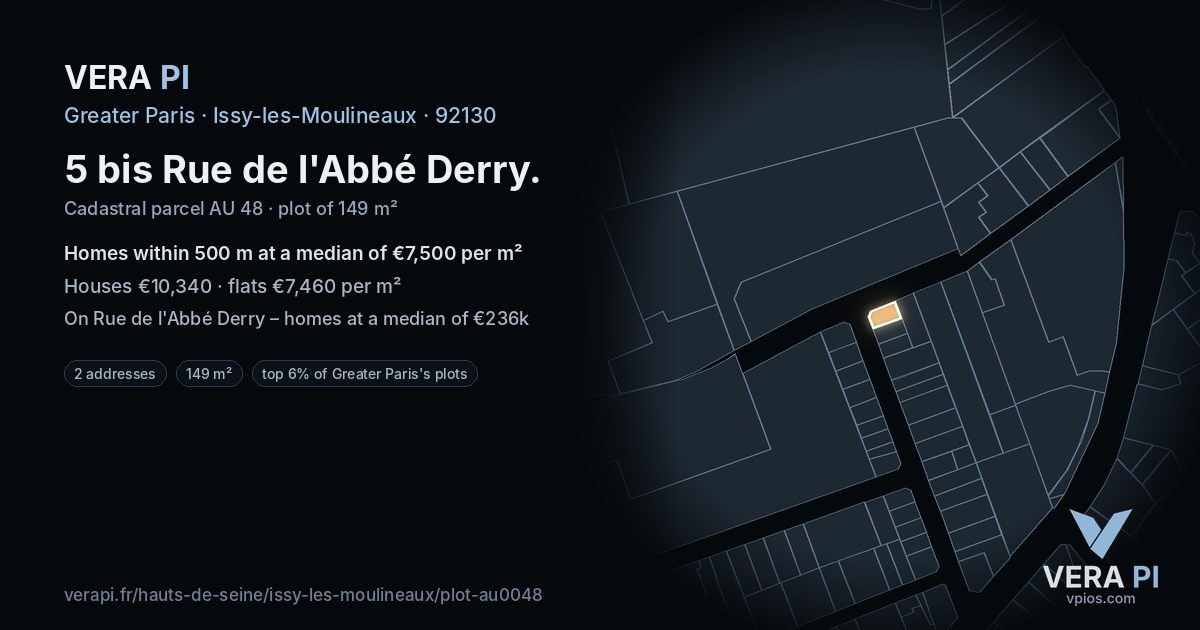 5 bis Rue de l'Abbé Derry, Issy-les-Moulineaux at night – the plot lit, the parcels around coloured by the prices near them
