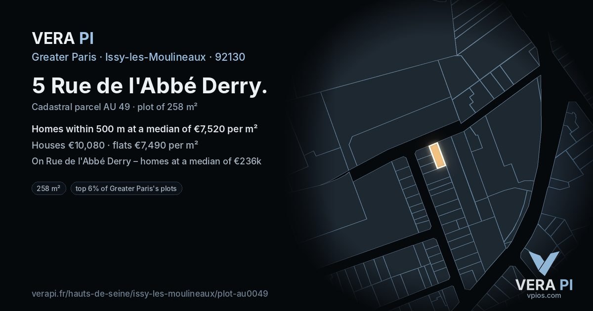 5 Rue de l'Abbé Derry, Issy-les-Moulineaux at night – the plot lit, the parcels around coloured by the prices near them