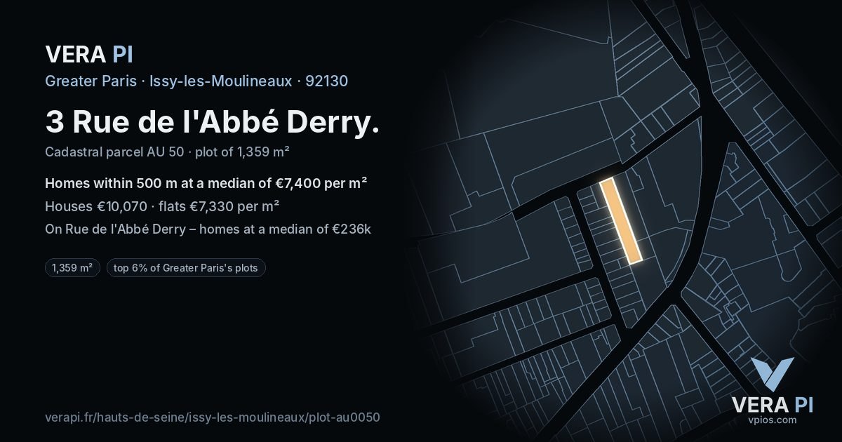 3 Rue de l'Abbé Derry, Issy-les-Moulineaux at night – the plot lit, the parcels around coloured by the prices near them