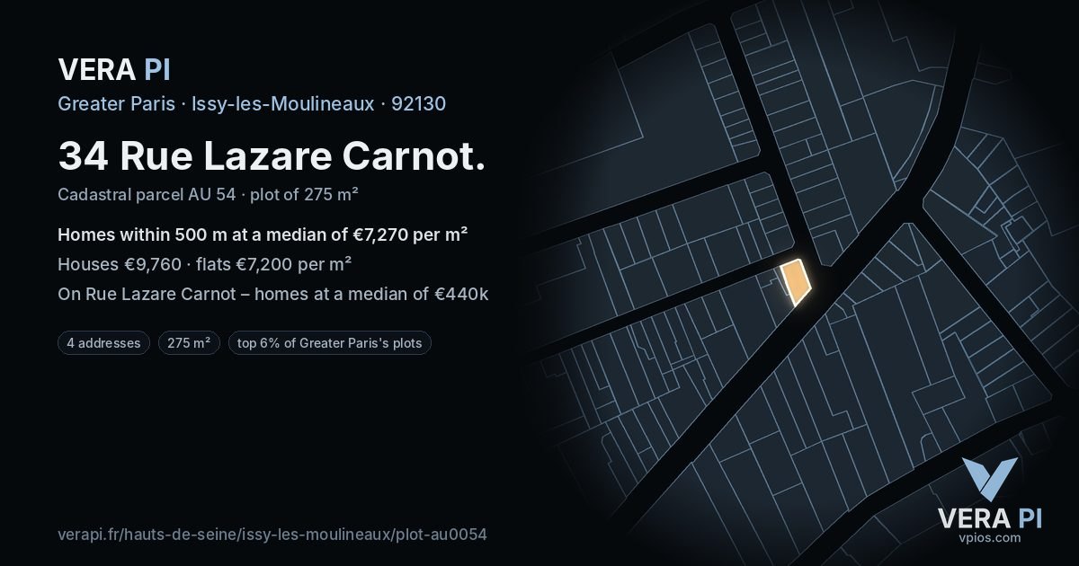 34 Rue Lazare Carnot, Issy-les-Moulineaux at night – the plot lit, the parcels around coloured by the prices near them
