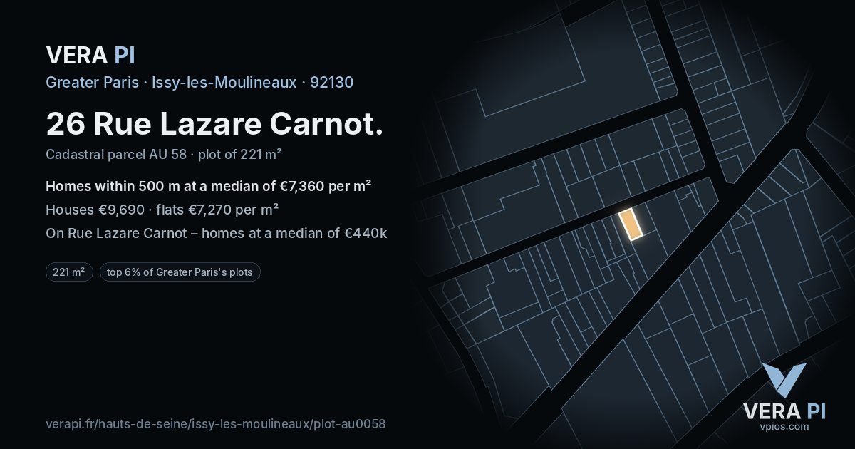 26 Rue Lazare Carnot, Issy-les-Moulineaux at night – the plot lit, the parcels around coloured by the prices near them
