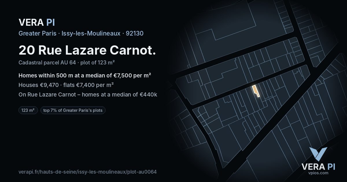 20 Rue Lazare Carnot, Issy-les-Moulineaux at night – the plot lit, the parcels around coloured by the prices near them