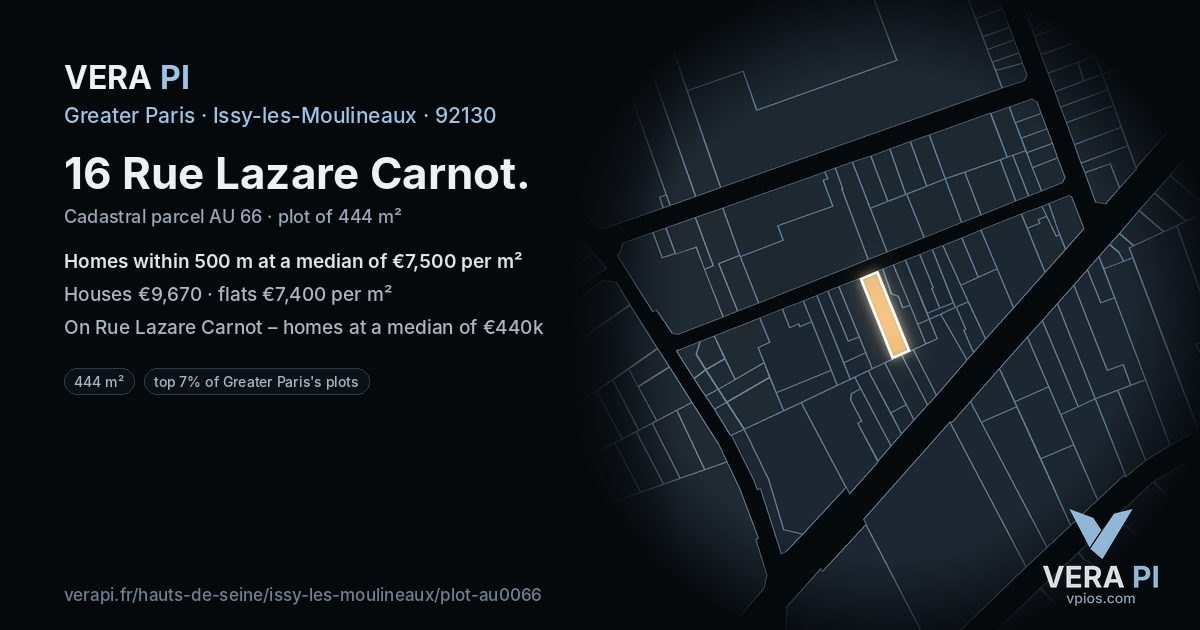 16 Rue Lazare Carnot, Issy-les-Moulineaux at night – the plot lit, the parcels around coloured by the prices near them