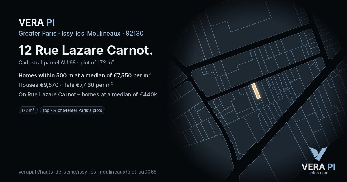 12 Rue Lazare Carnot, Issy-les-Moulineaux at night – the plot lit, the parcels around coloured by the prices near them