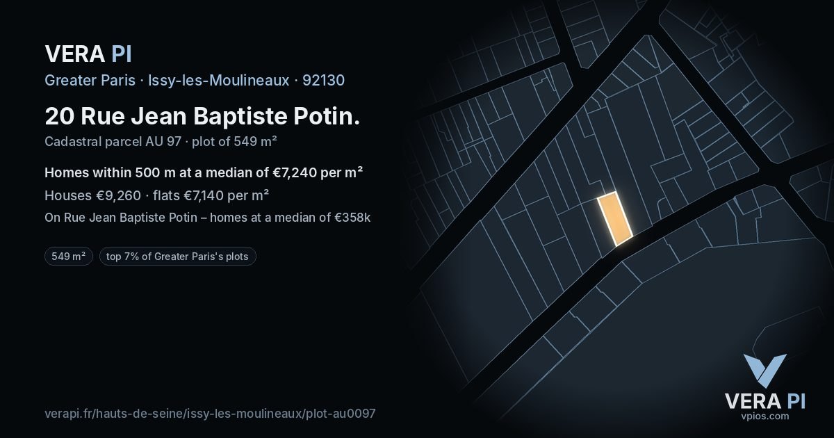 20 Rue Jean Baptiste Potin, Issy-les-Moulineaux at night – the plot lit, the parcels around coloured by the prices near them