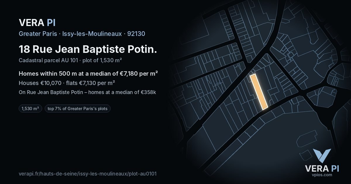 18 Rue Jean Baptiste Potin, Issy-les-Moulineaux at night – the plot lit, the parcels around coloured by the prices near them