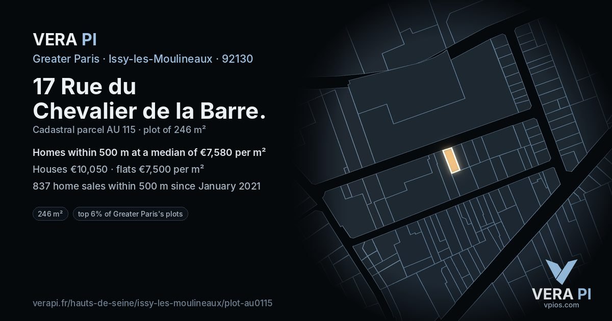 17 Rue du Chevalier de la Barre, Issy-les-Moulineaux at night – the plot lit, the parcels around coloured by the prices near them