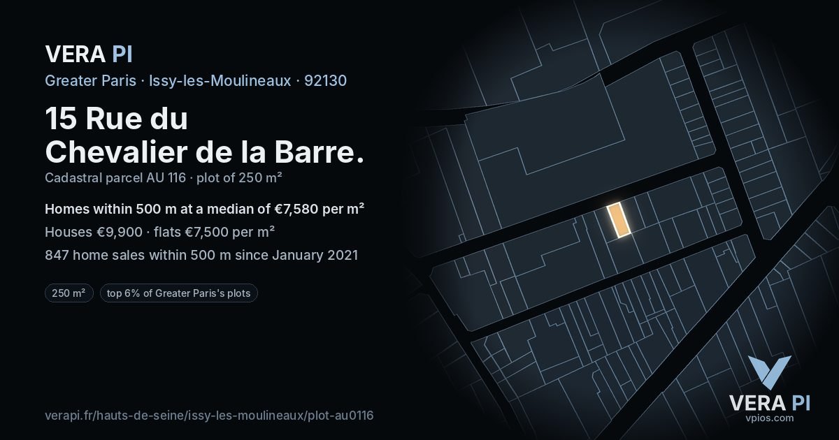 15 Rue du Chevalier de la Barre, Issy-les-Moulineaux at night – the plot lit, the parcels around coloured by the prices near them