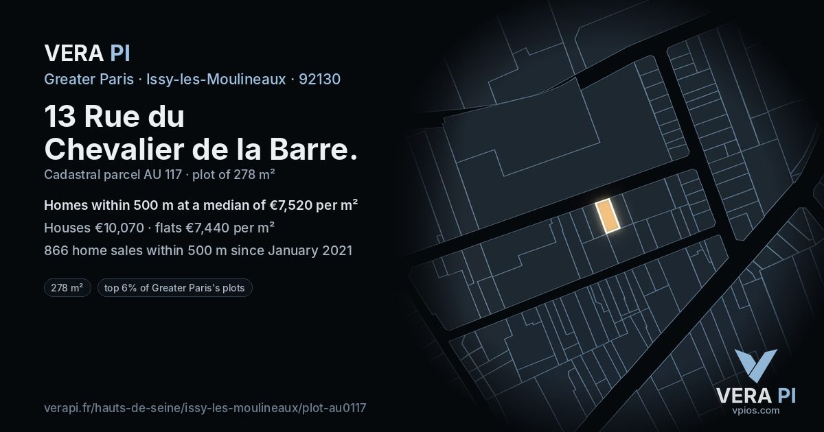 13 Rue du Chevalier de la Barre, Issy-les-Moulineaux at night – the plot lit, the parcels around coloured by the prices near them