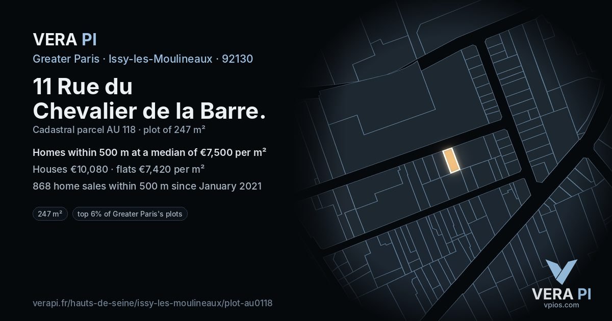 11 Rue du Chevalier de la Barre, Issy-les-Moulineaux at night – the plot lit, the parcels around coloured by the prices near them