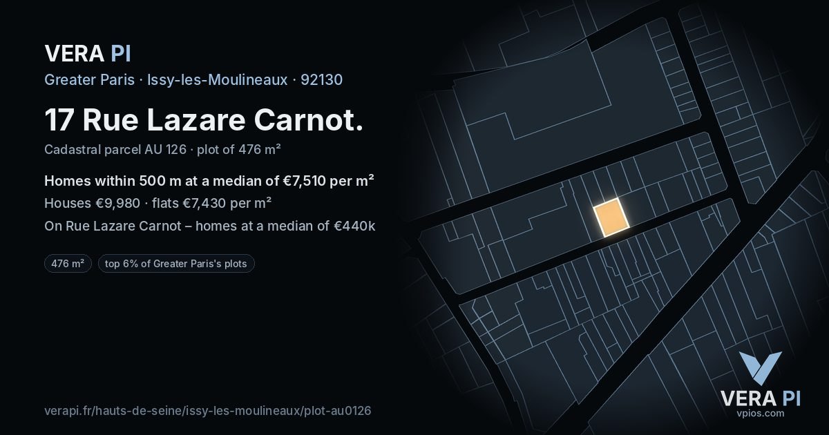 17 Rue Lazare Carnot, Issy-les-Moulineaux at night – the plot lit, the parcels around coloured by the prices near them