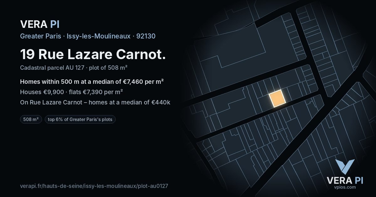 19 Rue Lazare Carnot, Issy-les-Moulineaux at night – the plot lit, the parcels around coloured by the prices near them
