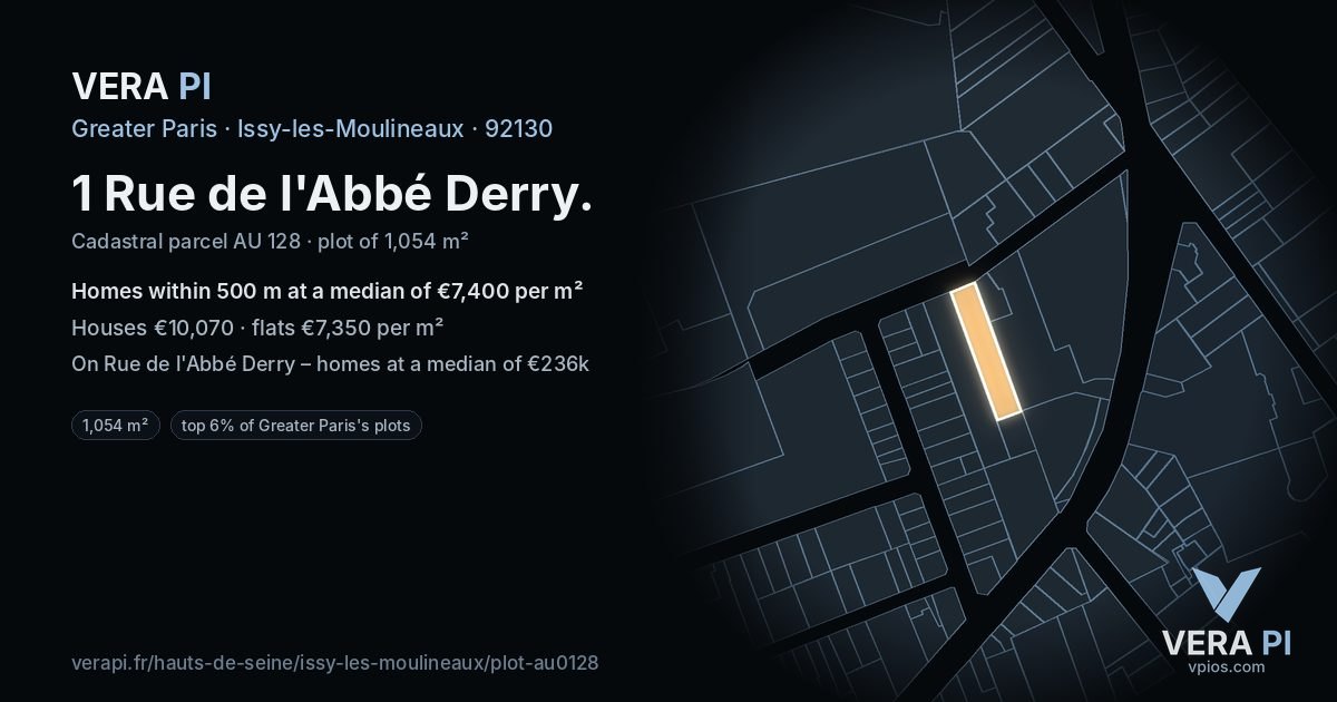 1 Rue de l'Abbé Derry, Issy-les-Moulineaux at night – the plot lit, the parcels around coloured by the prices near them