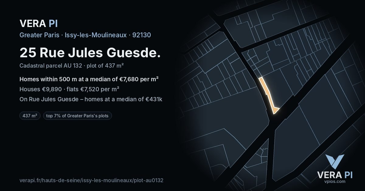 25 Rue Jules Guesde, Issy-les-Moulineaux at night – the plot lit, the parcels around coloured by the prices near them