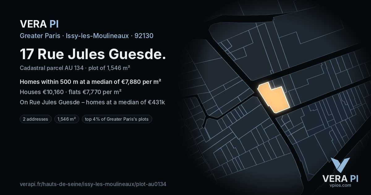 17 Rue Jules Guesde, Issy-les-Moulineaux at night – the plot lit, the parcels around coloured by the prices near them