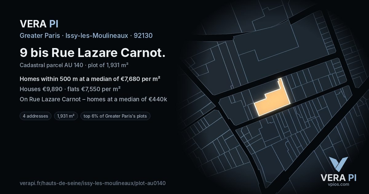 9 bis Rue Lazare Carnot, Issy-les-Moulineaux at night – the plot lit, the parcels around coloured by the prices near them