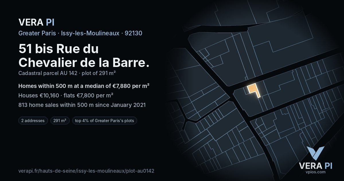 51 bis Rue du Chevalier de la Barre, Issy-les-Moulineaux at night – the plot lit, the parcels around coloured by the prices near them