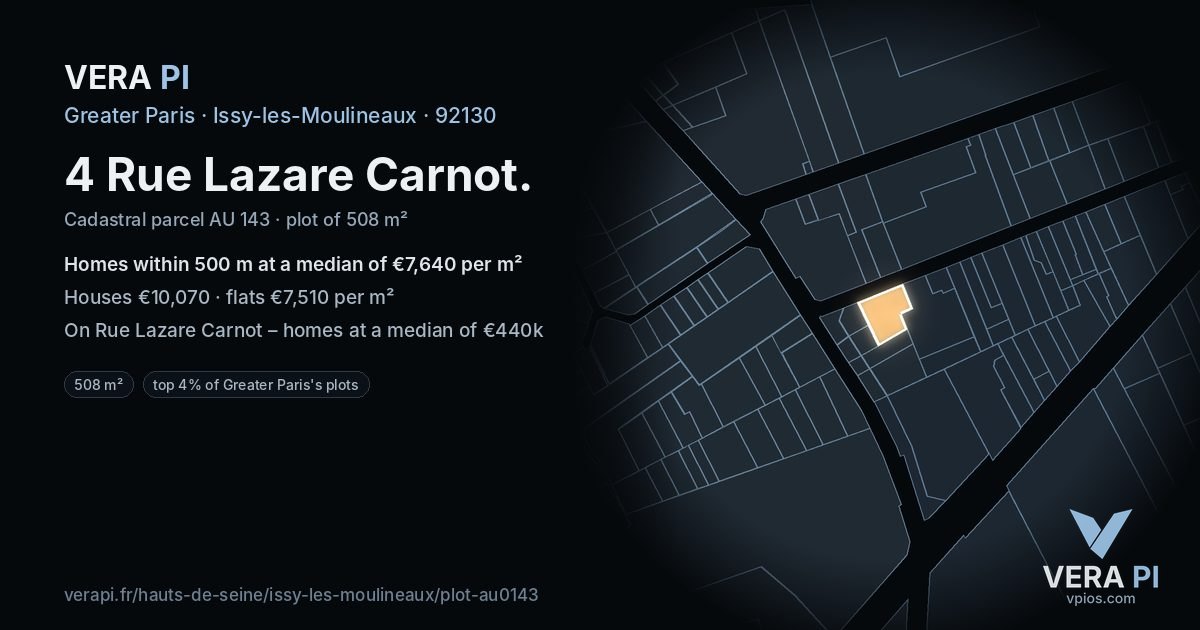 4 Rue Lazare Carnot, Issy-les-Moulineaux at night – the plot lit, the parcels around coloured by the prices near them