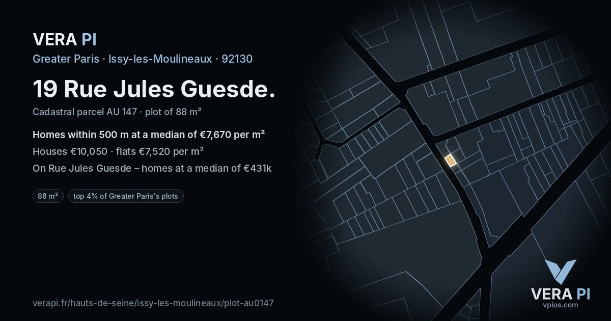 19 Rue Jules Guesde, Issy-les-Moulineaux at night – the plot lit, the parcels around coloured by the prices near them