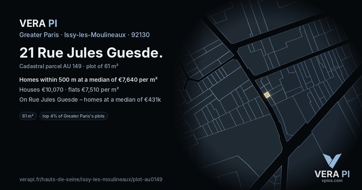 21 Rue Jules Guesde, Issy-les-Moulineaux at night – the plot lit, the parcels around coloured by the prices near them
