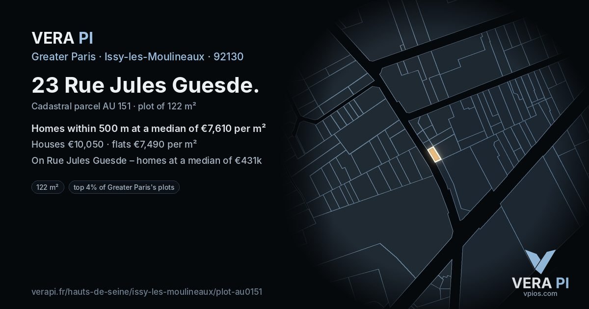 23 Rue Jules Guesde, Issy-les-Moulineaux at night – the plot lit, the parcels around coloured by the prices near them