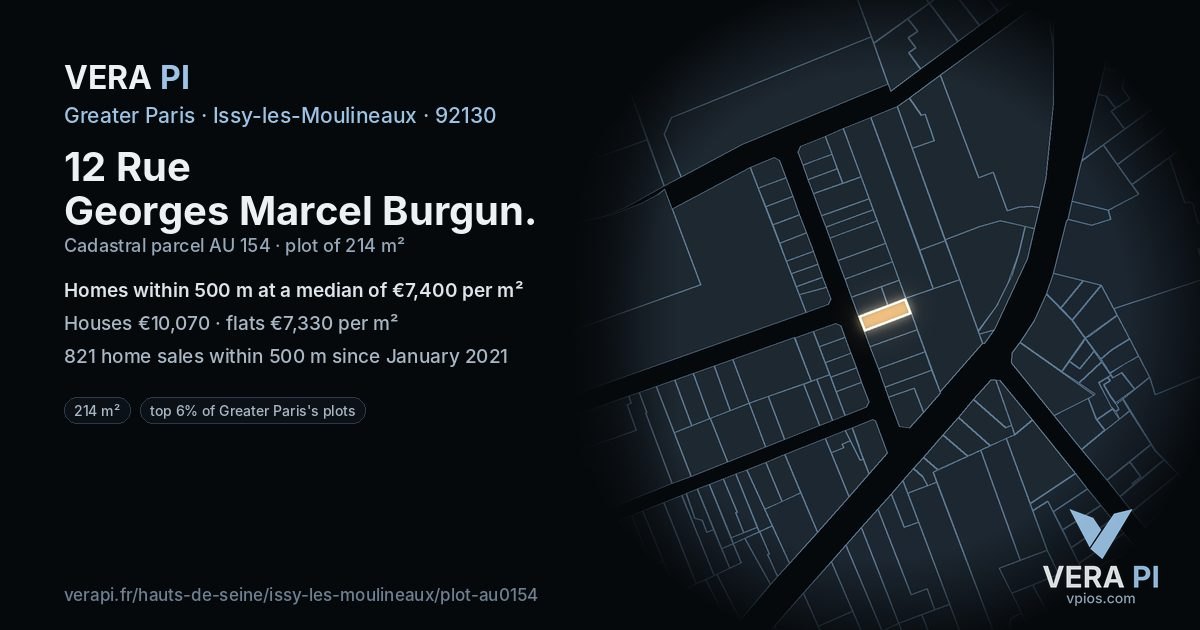 12 Rue Georges Marcel Burgun, Issy-les-Moulineaux at night – the plot lit, the parcels around coloured by the prices near them