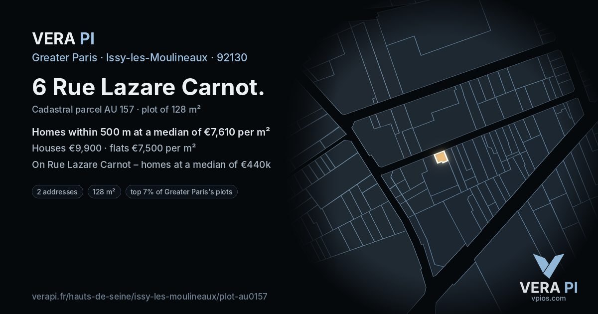 6 Rue Lazare Carnot, Issy-les-Moulineaux at night – the plot lit, the parcels around coloured by the prices near them