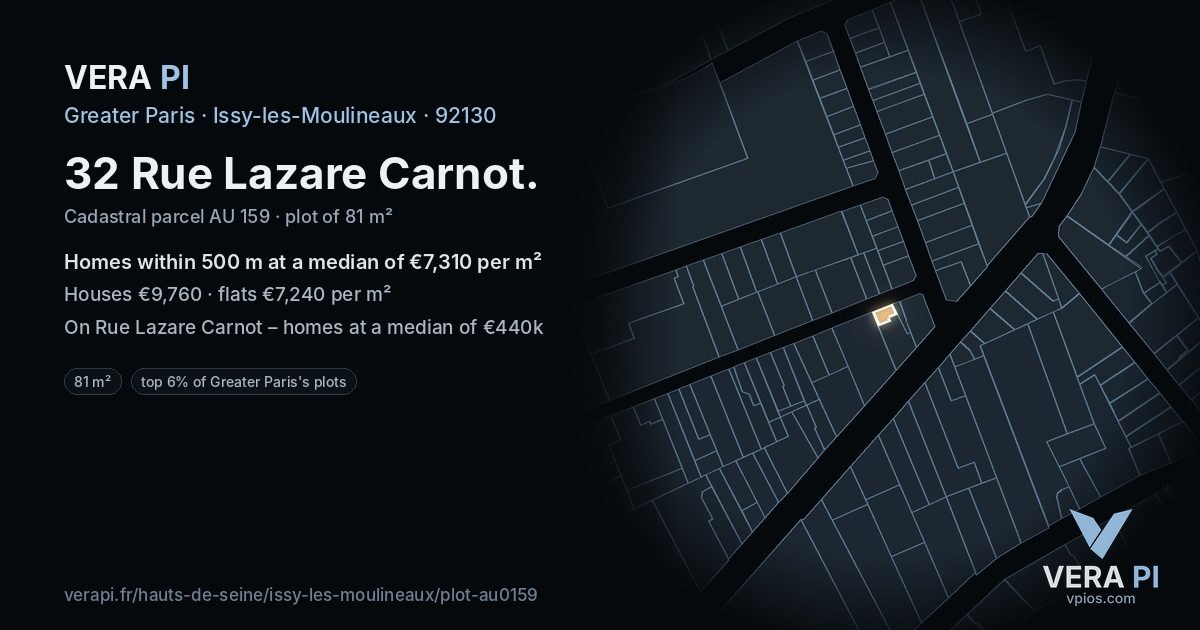 32 Rue Lazare Carnot, Issy-les-Moulineaux at night – the plot lit, the parcels around coloured by the prices near them