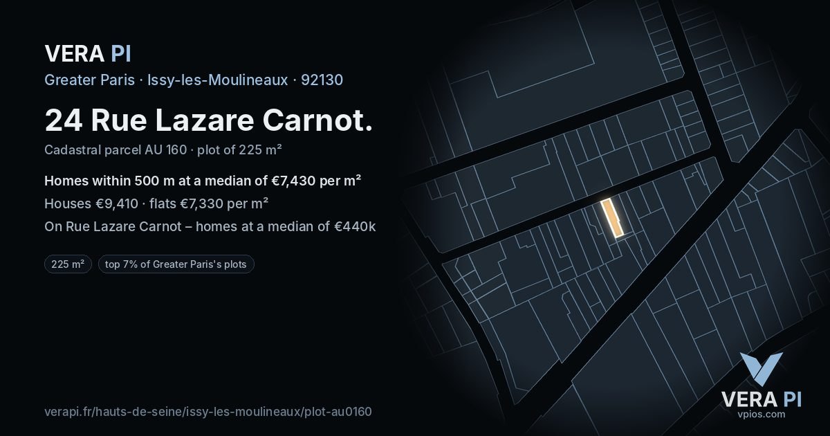 24 Rue Lazare Carnot, Issy-les-Moulineaux at night – the plot lit, the parcels around coloured by the prices near them